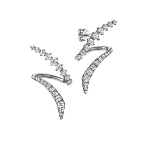 Gabriel & Co. EG15367W45JJ 14 karat white gold Kaslique earrings, front view of two climbers, each a graduated stone line over a tapering pave band