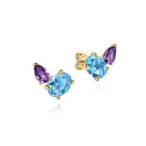 Gabriel & Co. EG15377Y4JMC 14 karat yellow gold Color earrings, front view of the pair, mirrored, each with a blue oval beside a purple pear in prongs