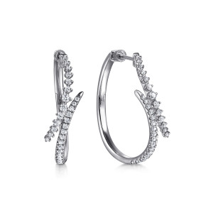 Gabriel & Co. EG15381W45JJ 14 karat white gold Kaslique earrings, front view of the pair, with the crossing diamond lines and the post at the top