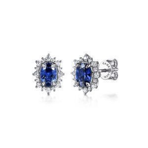 Gabriel & Co. EG15383W45SA 14 karat white gold Color earrings, front view of the pair, one turned to show the post and push back behind the diamond starburst