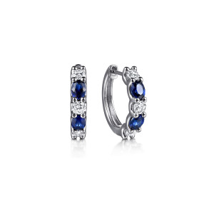 Gabriel & Co. EG15387W45SA 14 karat white gold Color earrings, front view of the pair with blue ovals alternating with round colorless stones