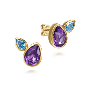 Gabriel & Co. EG15390Y4JMC 14 karat yellow gold Color earrings, angled view of the pair showing the purple and blue pear stones and the push back