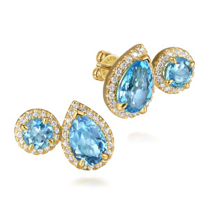 Gabriel & Co. EG15391Y45BT 14 karat yellow gold Color earrings, angled view of two earrings, each a round halo beside a pear shaped halo in blue stones