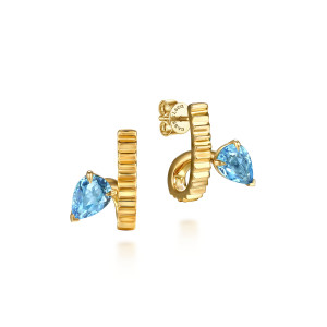 Gabriel & Co. EG15392Y4JBT 14 karat yellow gold Color earrings, front view of the pair with the blue pear stone beside the ridged bar