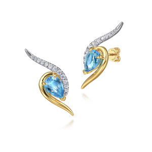 Gabriel & Co. EG15394M45BT 14 karat white and yellow gold Color earrings, angled view of the pair showing the pear stone in prongs and the diamond sweep
