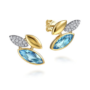 Gabriel & Co. EG15399M45BT 14 karat white and yellow gold Color earrings, angled view of the pair showing the blue marquise stone, the polished leaf and the pave leaf