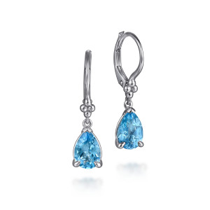 Gabriel & Co. EG15424SVJBT sterling silver Bujukan earrings, front view of the pair showing blue pear shaped stones under metal bead clusters