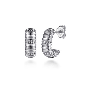 Gabriel & Co. EG15435SVJJJ sterling silver Bujukan earrings, front view of the pair, rounded ridges separated by narrow bead bands, one hoop beside a push back
