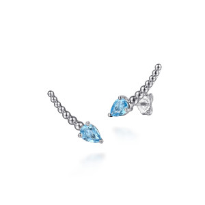 Gabriel & Co. EG15438SVJBT sterling silver Bujukan earrings, front view of the pair, each curved bead line ending in a light blue pear shaped stone