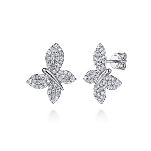 Gabriel & Co. EG15442W45JJ 14 karat white gold Lusso earrings, front view of two butterfly earrings with pave wings and a smooth body bar
