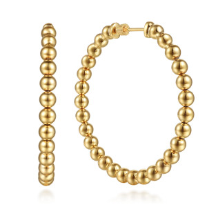 Gabriel & Co. EG15461Y4JJJ 14 karat yellow gold Bujukan earrings, front view of two hoops, one seen edge on beside one facing open