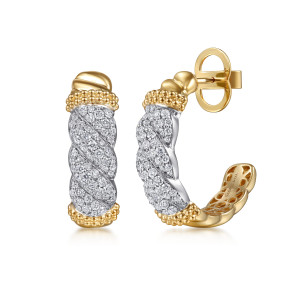 Gabriel & Co. EG15467M45JJ 14 karat white and yellow gold Bujukan earrings, front view of the pair, one earring face on and one turned to show post and push back