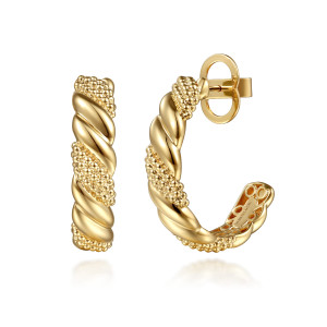 Gabriel & Co. EG15473Y4JJJ 14 karat yellow gold Bujukan earrings, front view of the pair, twisted ribs alternating with patches of beads
