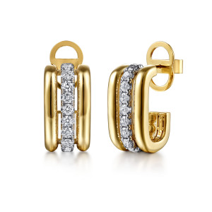 Gabriel & Co. EG15479M45JJ 14 karat white and yellow gold Bujukan earrings, front view of the pair, the stone row between two polished tubes and a push back on the post