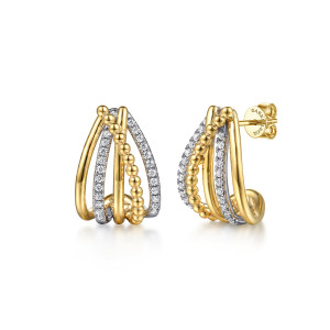 Gabriel & Co. EG15487M45JJ 14 karat white and yellow gold Bujukan earrings, front view of the pair, one earring facing out and one turned to show the post
