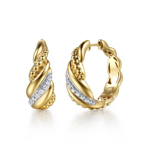 Gabriel & Co. EG15504Y45JJ 14 karat yellow gold Bujukan earrings, front view of the pair, the slanting diamond row and bead clusters on the twisted band