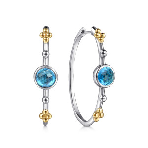 Gabriel & Co. EG15509MZJBT sterling silver and 14 karat yellow gold Bujukan earrings, front view of the pair, the blue bezel stone between plain beads and four bead clusters