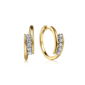 Gabriel & Co. EG15526M45JJ 14 karat white and yellow gold Contemporary earrings, front view of the pair, overlapping band ends framing a short row of round diamonds
