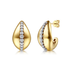 Gabriel & Co. EG15529M45JJ 14 karat white and yellow gold Contemporary earrings, front view of the pair showing the teardrop dome split by a line of stones