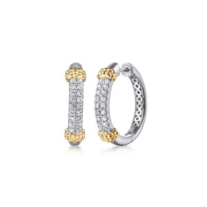 Gabriel & Co. EG15538MZJWS sterling silver and 14 karat yellow gold Bujukan earrings, front view of the pair, one huggie edge on and one turned to show the pierced inside wall