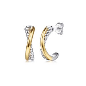 Gabriel & Co. EG15540MZJJJ sterling silver and 14 karat yellow gold Bujukan earrings, front view of the pair, one earring turned to show the push back and maker's mark