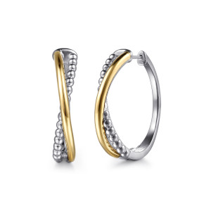 Gabriel & Co. EG15541MZJJJ sterling silver and 14 karat yellow gold Bujukan earrings, front view of a pair, the left hoop edge on showing the smooth bar crossing the bead row