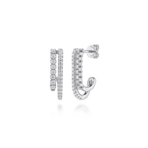 Gabriel & Co. EG15553W45JJ 14 karat white gold Lusso earrings, front view of two J shaped hoops, the prong row beside the finer pave row