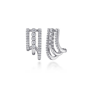 Gabriel & Co. EG15554W45JJ 14 karat white gold Lusso earrings, front view of the pair, three bars of diamonds with the middle row set apart