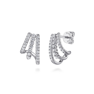 Gabriel & Co. EG15555W45JJ 14 karat white gold Lusso earrings, front view of the pair showing three parallel stone arms and a pronged middle row