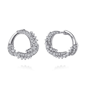 Gabriel & Co. EG15560W45JJ 14 karat white gold Lusso earrings, front view of the pair, each loop showing the swirl of stones and a smooth polished side