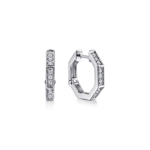 Gabriel & Co. EG15569W45JJ 14 karat white gold Lusso earrings, front view of the pair, diamond blocks on the front facets of each octagon