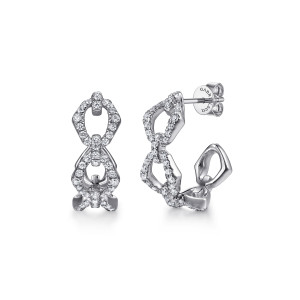 Gabriel & Co. EG15578W45JJ 14 karat white gold Lusso earrings, front view of the pair, angular links edged in tiny stones and a push back with a maker's mark