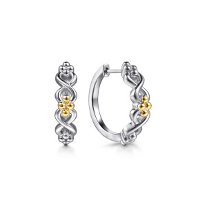 Gabriel & Co. EG15609MZJJJ sterling silver and 14 karat yellow gold Bujukan earrings, front view of the pair, looped bands twisting around a four bead cluster at the center