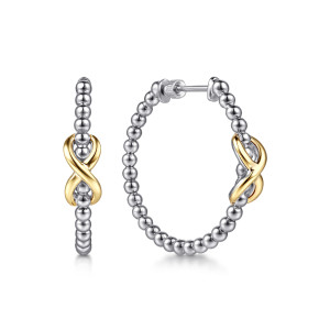 Gabriel & Co. EG15610MZJJJ sterling silver and 14 karat yellow gold Bujukan earrings, front view of a pair, one hoop edge on and one facing out with a knot