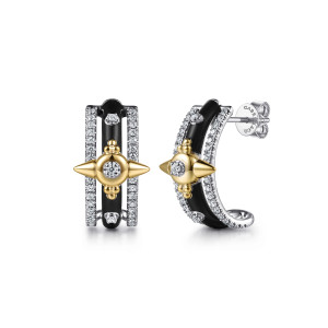 Gabriel & Co. EG15635E8M45JJ 14 karat white and yellow gold Bujukan earrings, front view of two curved hoops with black enamel bands and spiked middle frames