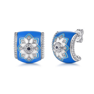 Gabriel & Co. EG15651EMSVJMC sterling silver Bujukan earrings, front view of the pair, blue enamel faces with beaded sides, post and push back on one