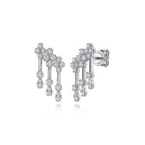Gabriel & Co. EG15733W45JJ 14 karat white gold Lusso earrings, front view of two diamond clusters with bars hanging at staggered heights