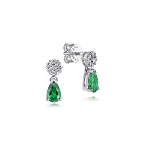 Gabriel & Co. EG647W45EB 14 karat white gold Color earrings, front view of the pair showing the diamond cluster, the green pear drop and the post on one earring