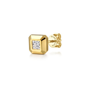 Gabriel & Co. EGM20143Y44JJ 14 karat yellow gold Geo men's single stud earring, angled view of the sloped square face, the bezel diamond and the push back with a maker's mark