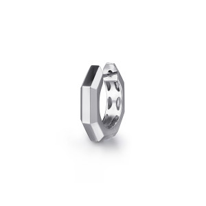 Gabriel & Co. EGM20144SVJJJ sterling silver Facets men's single huggie earring, angled view of the flat polished facets and recessed oval cutouts on the inner face