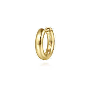 Gabriel & Co. EGM20146Y4JJJ 14 karat yellow gold Contemporary men's single huggie earring, angled view of the plump polished hoop, its round end cap and the maker's mark inside