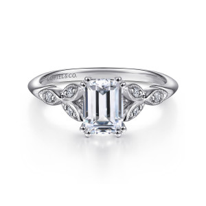 Gabriel & Co. ER11721E4W44JJ 14 karat white gold Victorian engagement ring, front view of paired corner prongs and leaf frames spreading across both shoulders