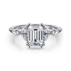 Gabriel & Co. ER11721E6W44JJ 14 karat white gold Victorian engagement ring, front view of an emerald cut center with paired bead tipped prongs at each corner