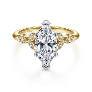 Gabriel & Co. ER11721M6M44JJ 14 karat white and yellow gold Victorian engagement ring, front view of a marquise center with V shaped end tips and leaf motifs on both shoulders