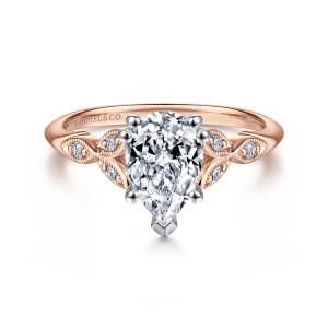 Gabriel & Co. ER11721P4T44JJ 14 karat white and rose gold Victorian engagement ring, front view of a pear shaped center with a pointed tip and leaf frames on both shoulders