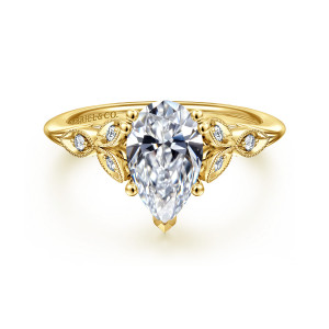 Gabriel & Co. ER11721P6Y44JJ 14 karat yellow gold Victorian engagement ring, front view of a pear shaped center with beaded leaf frames spreading across both shoulders