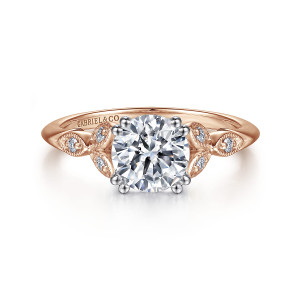 Gabriel & Co. ER11721R4T44JJ 14 karat white and rose gold Victorian engagement ring, front view of a round center in paired prongs between leaf shaped cells set with small stones