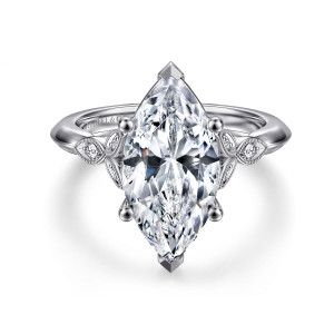 Gabriel & Co. ER11747M16W44JJ 14 karat white gold Victorian engagement ring, front view of a marquise center with V shaped end prongs and ball tipped side claws