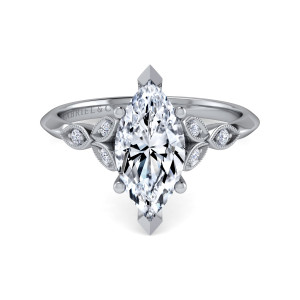 Gabriel & Co. ER11747M8W44JJ 14 karat white gold Victorian engagement ring, front view of a marquise center with milgrain leaf frames along both shoulders
