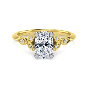 Gabriel & Co. ER11747O6M44JJ 14 karat white and yellow gold Victorian engagement ring, front view of an oval center with beaded leaf frames stepping down each shoulder